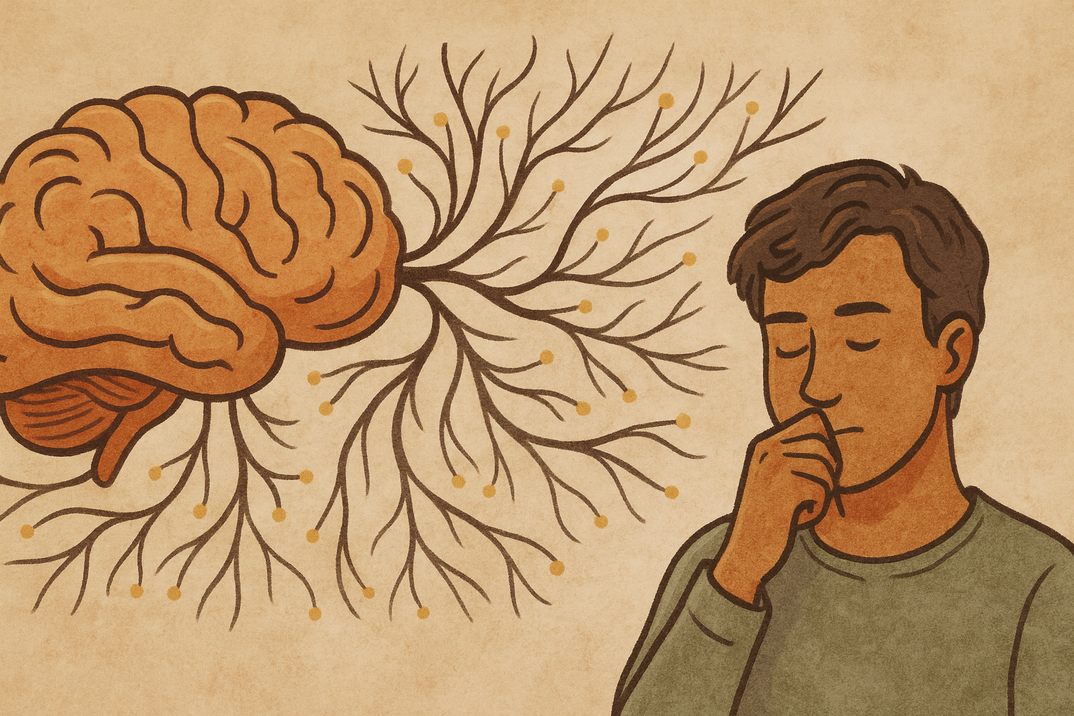An illustration of a brain and neural network and a man meditating with his eyes closed.
