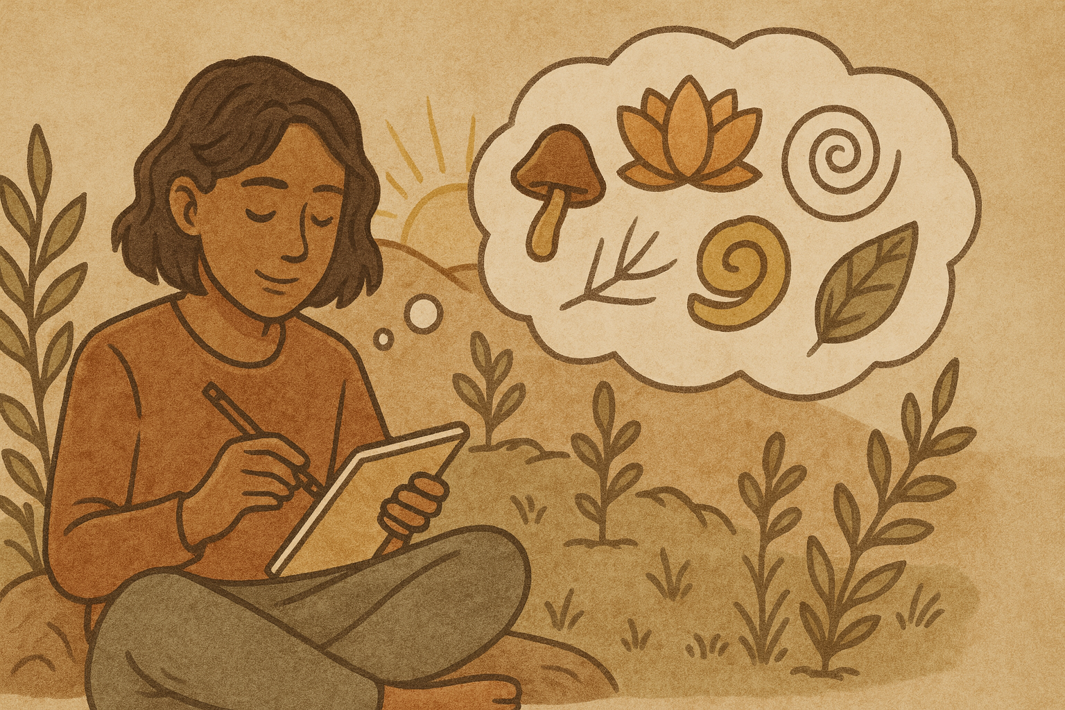 An illustration of a woman with dark hair writing in a journal while sitting outside. A thought bubble next to her is filled with natural iconography like mushrooms, flowers and leaves.
