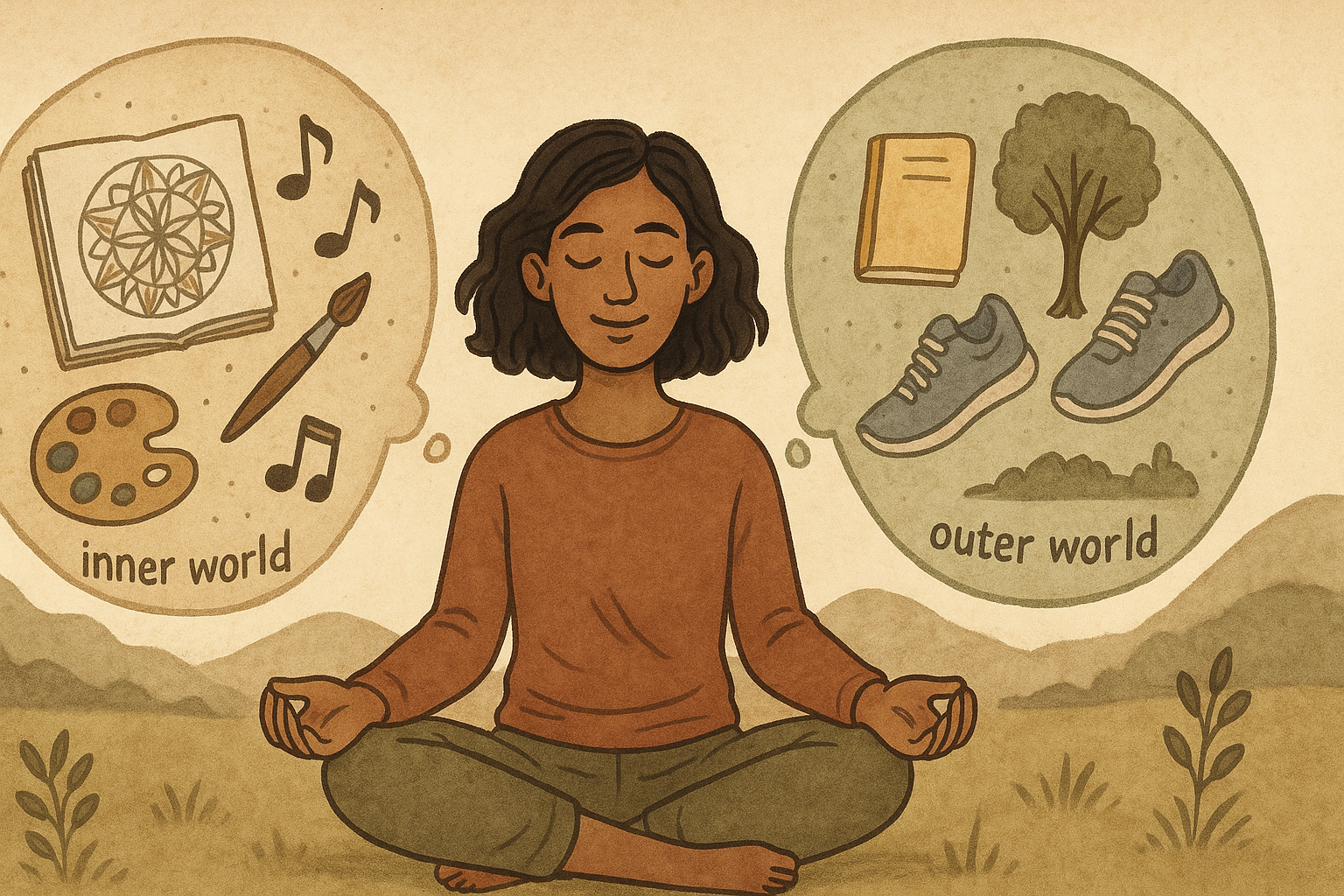 An illustration of a woman sitting cross legged in meditation. Two thought bubbles beside her saying inner world and outer world depict imaages of art, music, trees, shoes, etc.